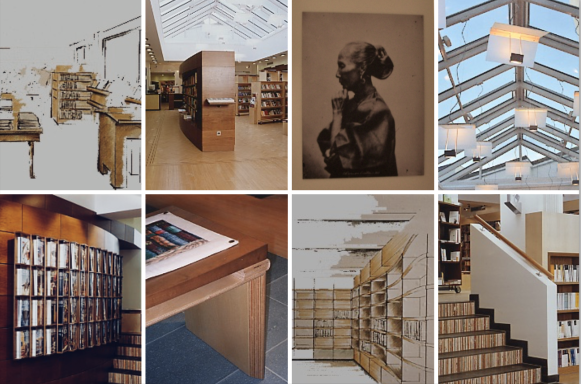 Blick auf verschiedene Bereiche einer modernen Bibliothek mit Bücherregalen und Kunstwerken.