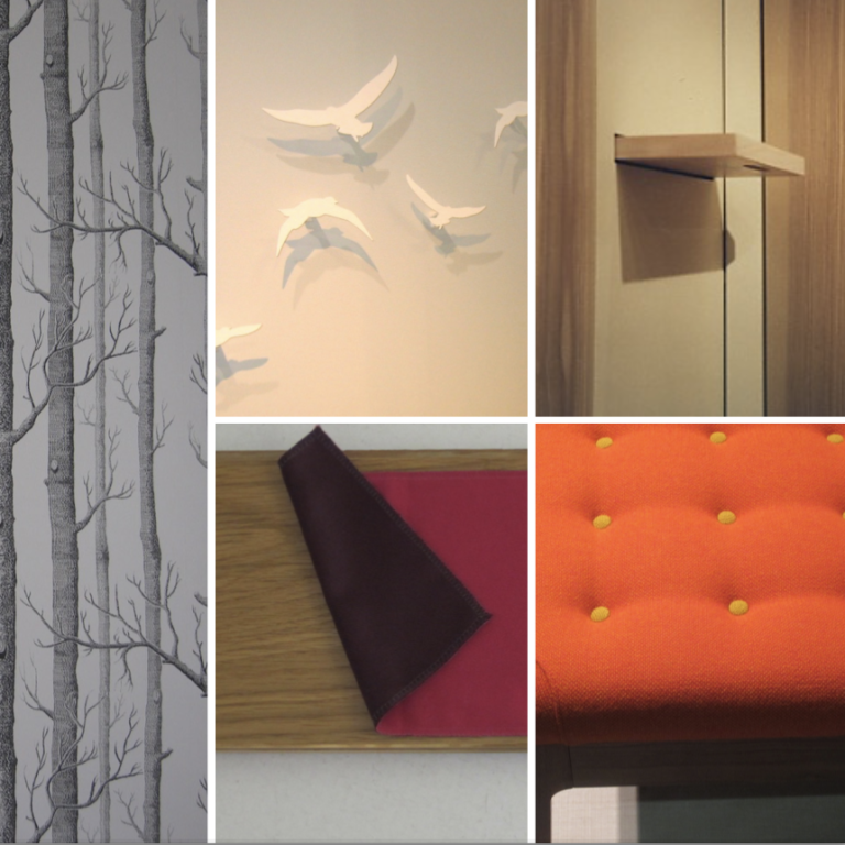 Waldmotiv mit Bäumen, fliegende Vögel, Stoffmuster und bunte Möbel.