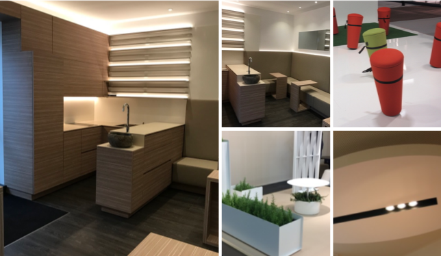 Moderne Innenräume mit Holz- und Pflanzendekor, Beleuchtungselementen und Sitzgelegenheiten.