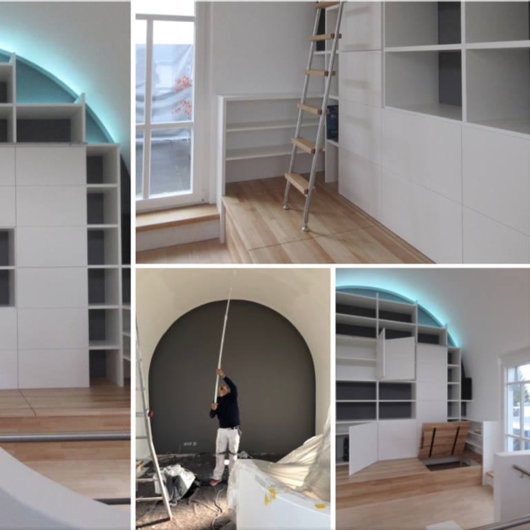 Raumwunder individueller Möbelentwurf der die Raumform unterstreicht , Beleuchtung integriert, enormen individuellen Stauraum bietet, architektonisch