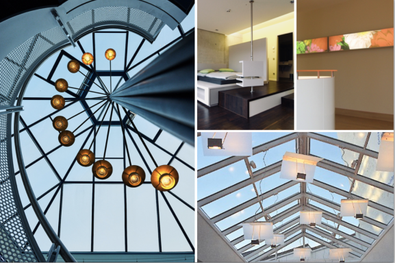 Moderne Innenarchitektur mit Himmel, Deckenleuchten und stilvollem Treppenhaus.