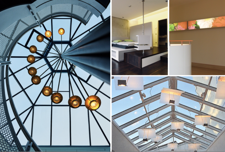 Moderne Innenarchitektur mit spiralförmiger Treppe und stilvollen Beleuchtungselementen.